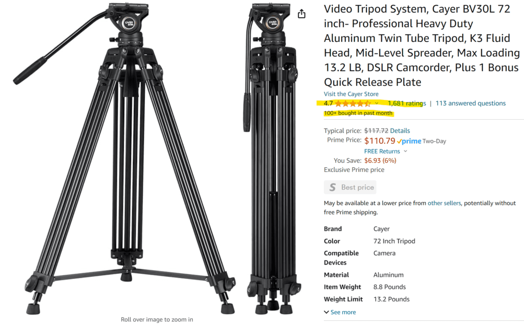 Video Tripod System, Cayer BV30L 72 inch- Professional Heavy Duty Aluminum Twin Tube Tripod