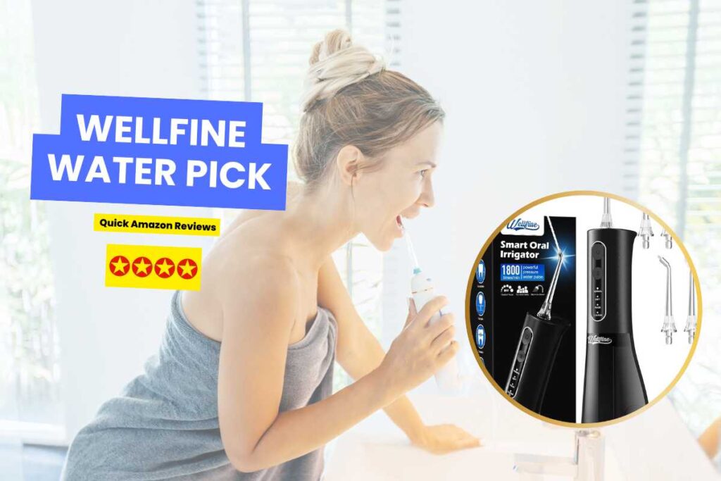 women in bathroom using water pick